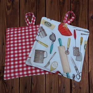 Handmade Potholder, Set of 2, Reversible Baking Utensils and Red Gingham Hot Pad